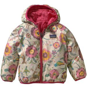 Patagonia size 3T reversible pink and flower/bird pattern hooded puffy jacket